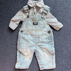 OshKosh B'gosh Light Blue Denim Overalls with Striped Oxford